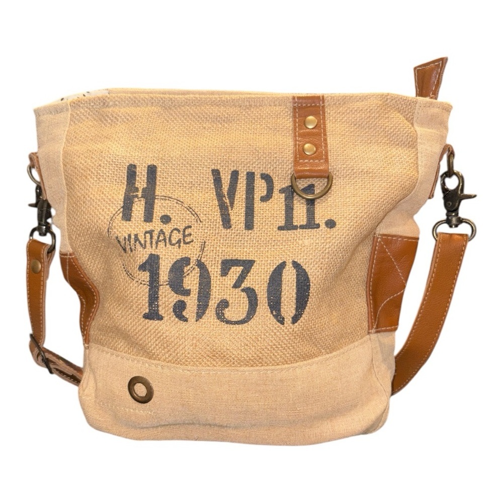 Myra Calen Canvas, Burlap & Leather Market Crossbody Bag w/detachable strap B 17